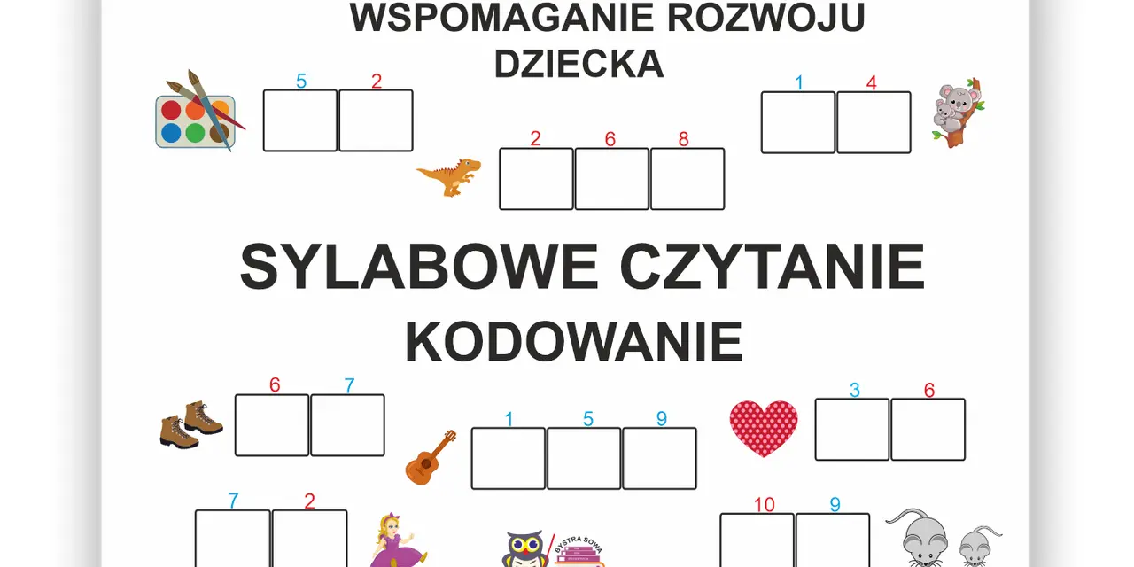 Pomoc w nauce czytania metodą sylabową. Dziecko koduje obrazki, dopasowując sylaby do pól.