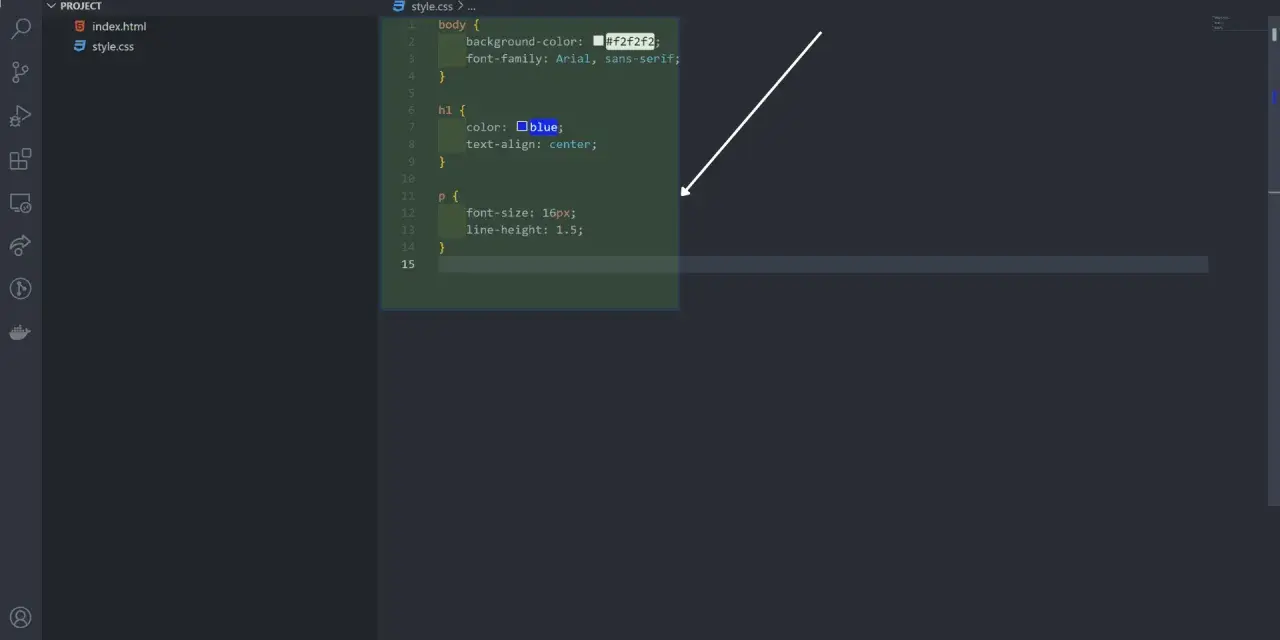 Fragment kodu CSS w edytorze, z podświetlonymi regułami dla body, h1 i p.