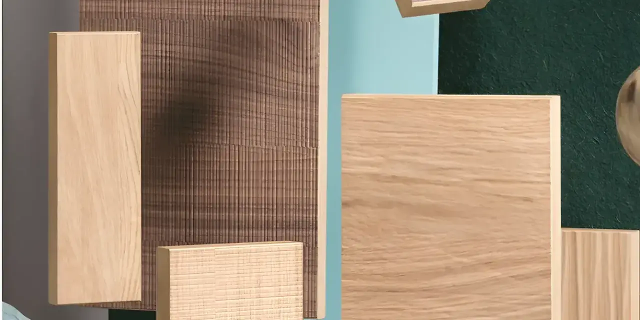Muestras de madera con veta marcada, algunas con texturas lineales y otras lisas, sobre fondos de colores.