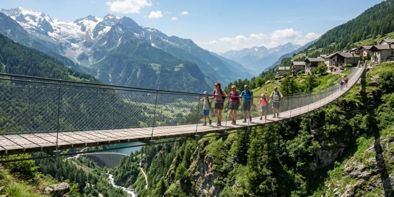 Famiglia attraversa un suggestivo ponte tibetano in Lombardia, con montagne innevate e un villaggio alpino sullo sfondo.