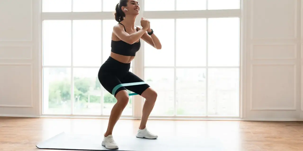 Femme souriante faisant un squat avec un élastique autour des cuisses, sur un tapis de yoga, devant une grande fenêtre lumineuse.