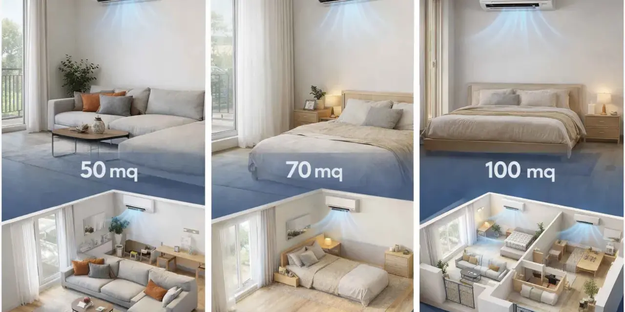 Unità split per climatizzare ambienti da 50, 70 e 100 mq. Raffreddamento efficace in soggiorno, camera da letto e appartamenti.