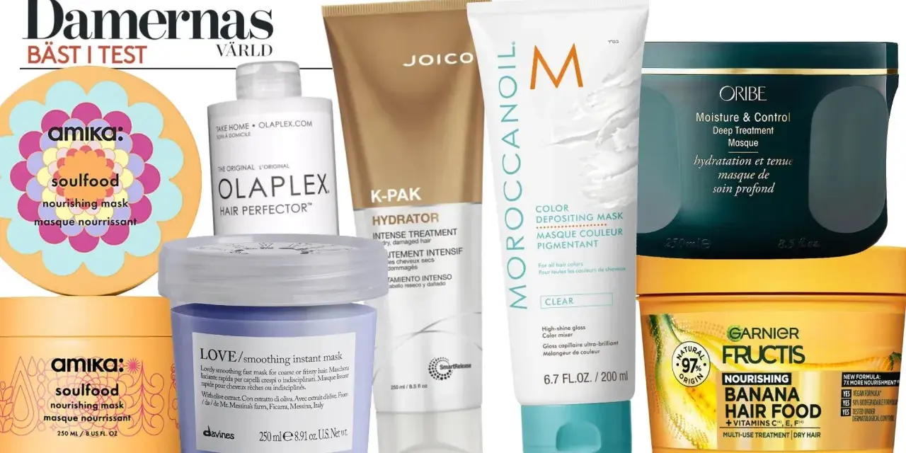 Här är en samling av olika hårinpackningar, inklusive Amika, Olaplex, Joico, Moroccanoil, Oribe och Garnier Fructis. En bra hårinpackning för alla hårtyper.