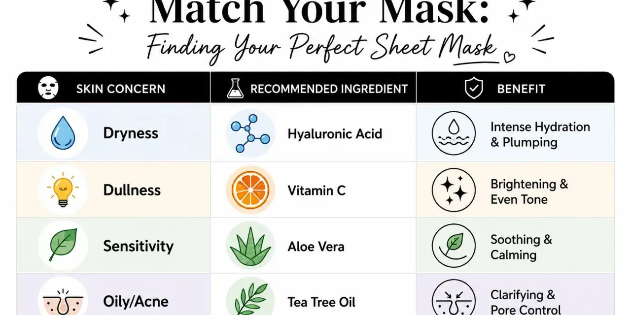 Chart showing facial mask benefits for dryness (Hyaluronic Acid for hydration), dullness (Vitamin C for brightening), sensitivity (Aloe Vera for soothing), and oily/acne (Tea Tree Oil for clarifying).