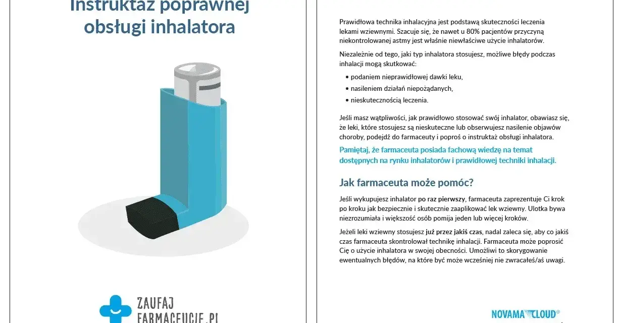 Instrukcja obsługi inhalatora, np. Ventolin. Prawidłowa technika to klucz do skutecznego leczenia astmy. Farmaceuta pomoże opanować właściwe użycie.