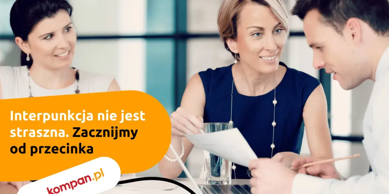 Trzy osoby dyskutują nad dokumentami. Kobieta w granatowej sukience podaje mężczyźnie kartkę. Napis: "Interpunkcja nie jest straszna. Zacznijmy od przecinka".