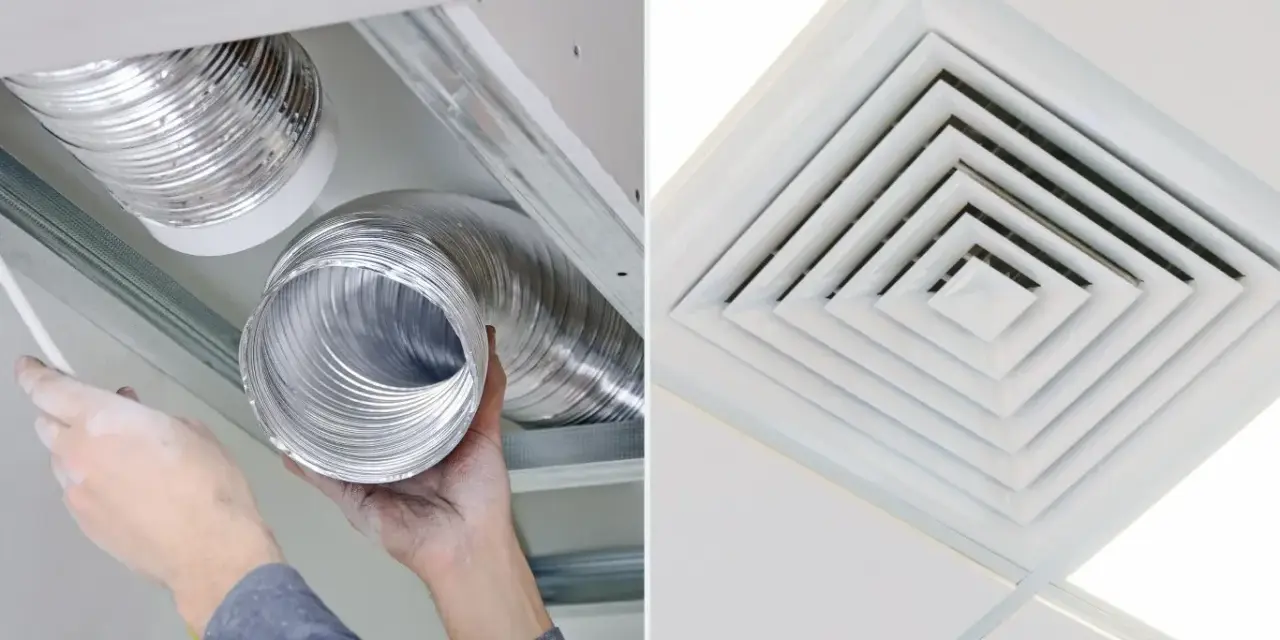 Montaż kanałów wentylacyjnych i kratki nawiewnej, elementy nowoczesnego ogrzewania sufitowego.
