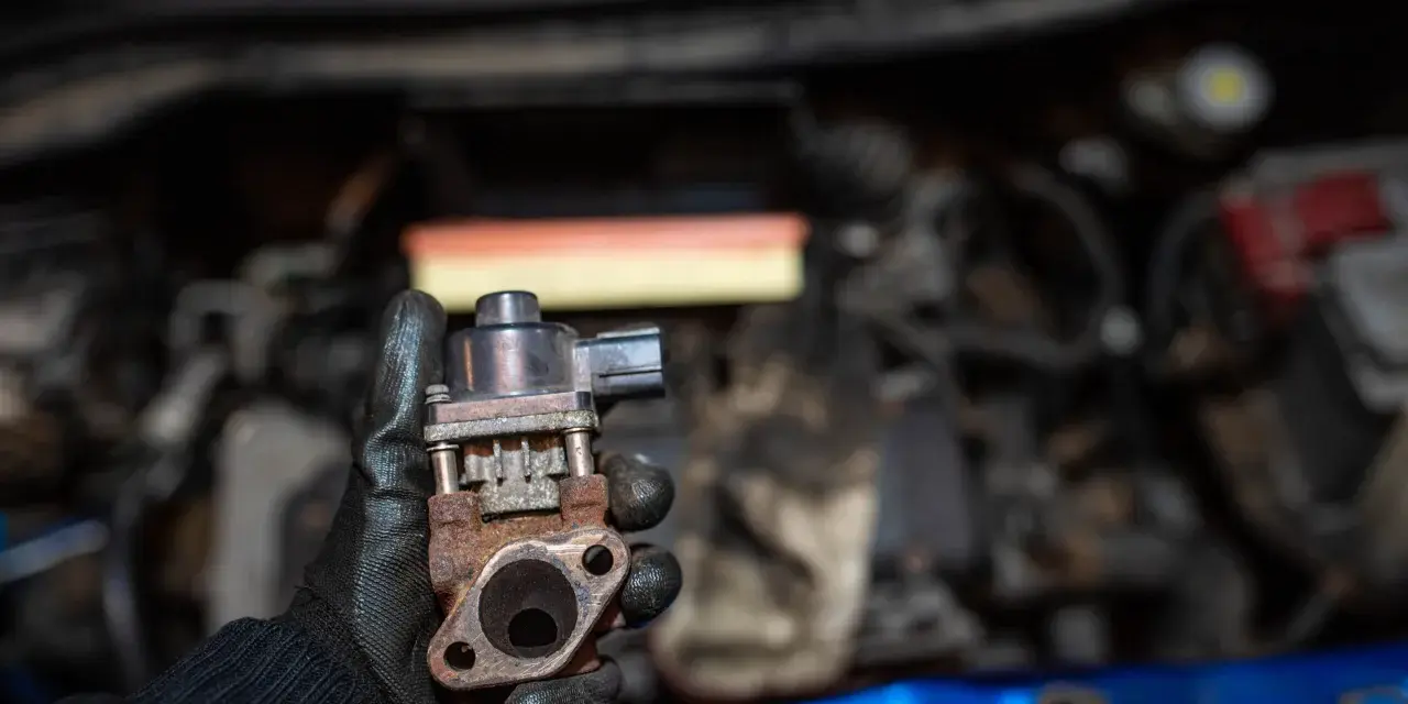 Zardzewiały zawór EGR w dłoni mechanika. Może to być przyczyna problemów z silnikiem, np. nierównej pracy.