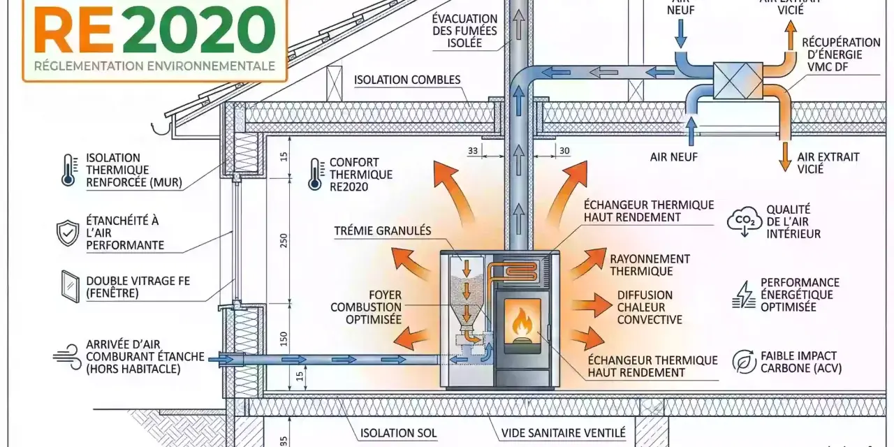 Schéma d'une maison RE2020 montrant un poêle à granulés, l'isolation, la ventilation et la récupération d'énergie pour une faible consommation.