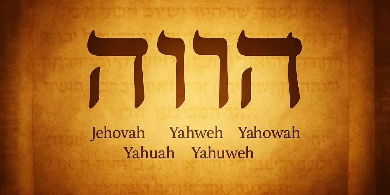The Hebrew Tetragrammaton, representing who is Yahweh, is shown in large dark letters on a parchment background. Below, variations of the name are listed: Jehovah, Yahweh, Yahowah, Yahuah, Yahuweh.
