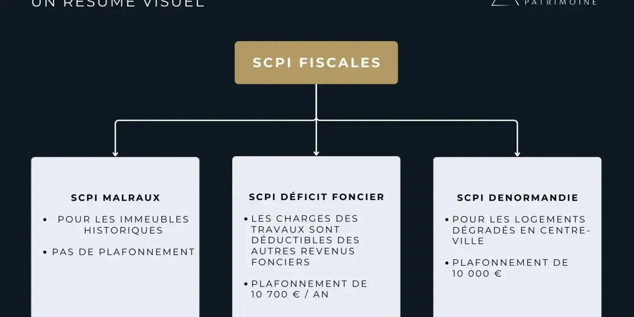 Résumé visuel des SCPI fiscales : SCPI Malraux, SCPI déficit foncier (charges déductibles, plafonnement 10 700€/an), SCPI Denormandie.