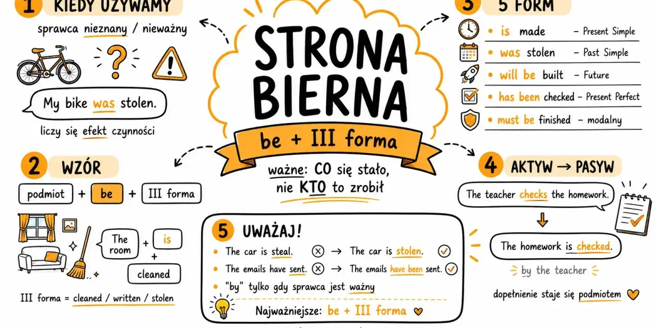 Strona bierna angielski przykłady: "My bike was stolen" pokazuje, że liczy się efekt, nie sprawca. Wzór: podmiot + be + III forma.
