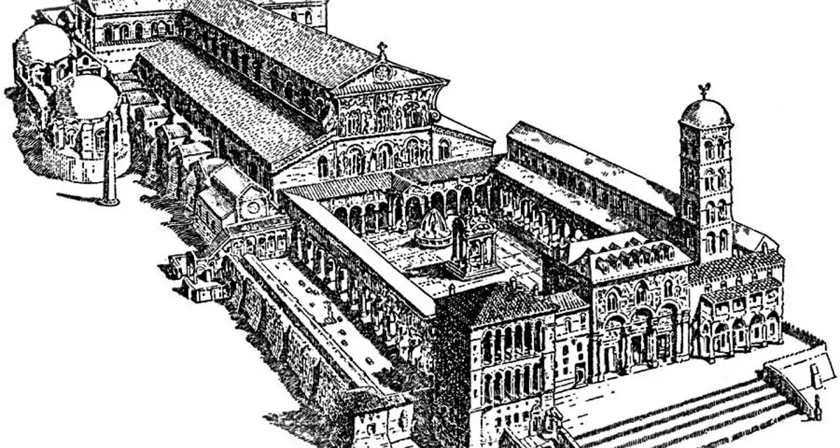 Rysunek architektoniczny Bazyliki św. Piotra z widokiem na dziedziniec i wieżę.
