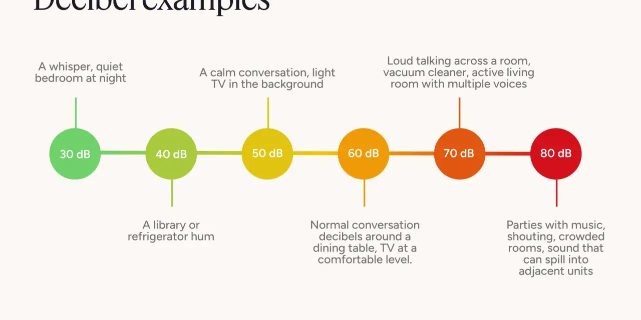 Exemples de décibels : 30 dB (chuchotement), 50 dB (conversation calme), 70 dB (parler fort, aspirateur), 80 dB (fête bruyante).