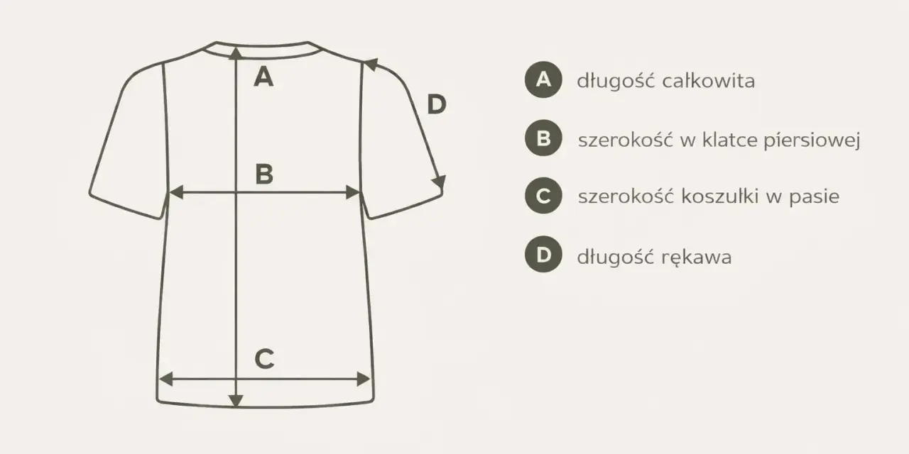 Schemat pokazuje, jak zmierzyć koszulkę: długość całkowita (A), szerokość w klatce (B), szerokość w pasie (C) i długość rękawa (D).