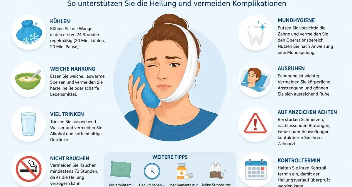 Tipps nach der Weisheitszahn-OP: Weiche Nahrung, Kühlung, Ruhe und Mundhygiene sind wichtig für die Heilung.