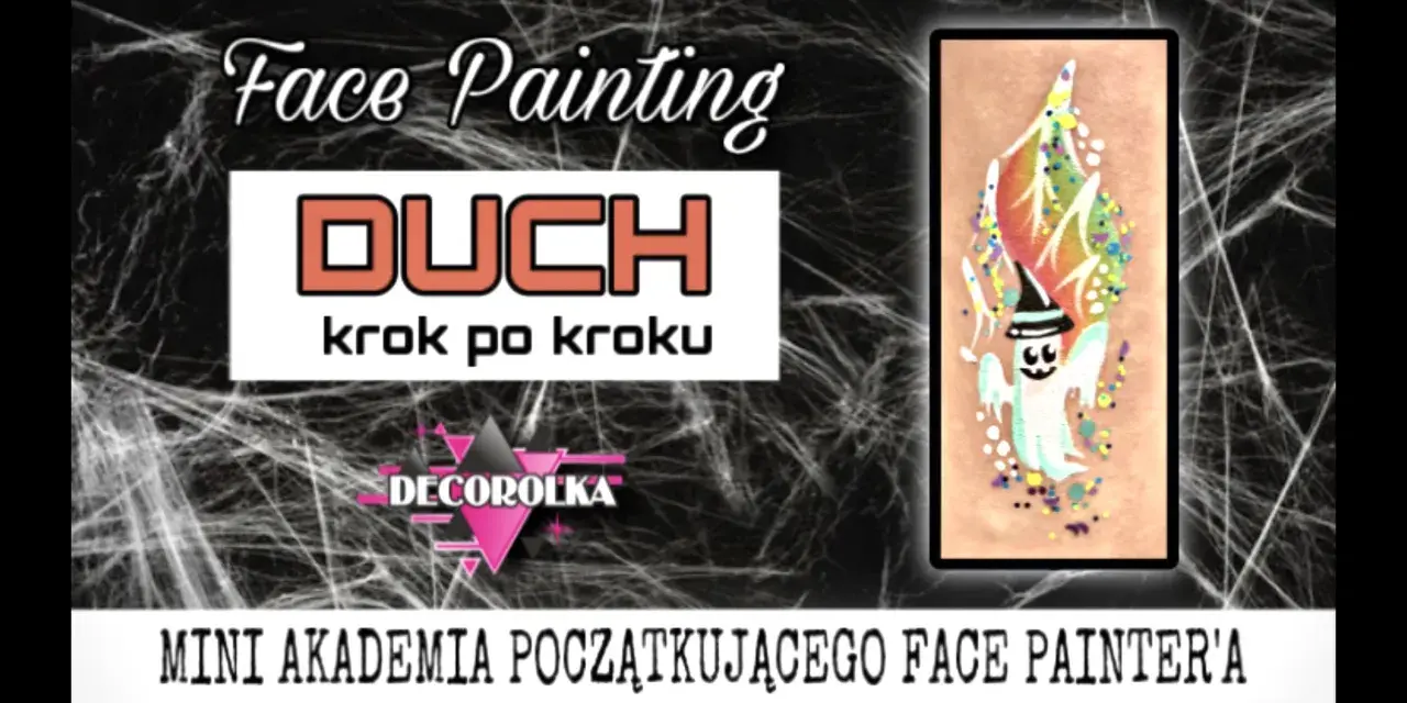 Mini Akademia Face Painting: jak narysować ducha krok po kroku. Uroczy, uśmiechnięty duch w czapce z brokatem.