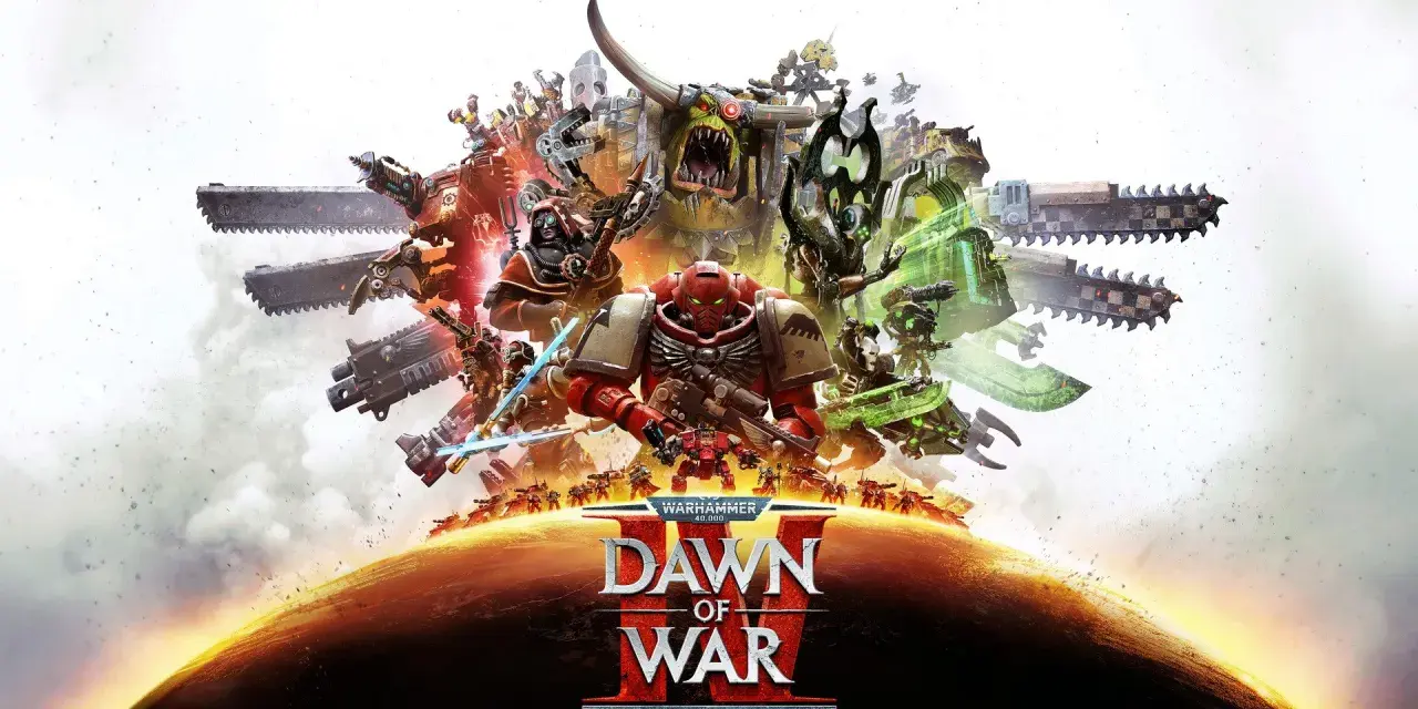 Un marine espacial rojo, un orco gigante y otras unidades de Warhammer 40,000 se alzan sobre un planeta en el arte de Dawn of War 4.
