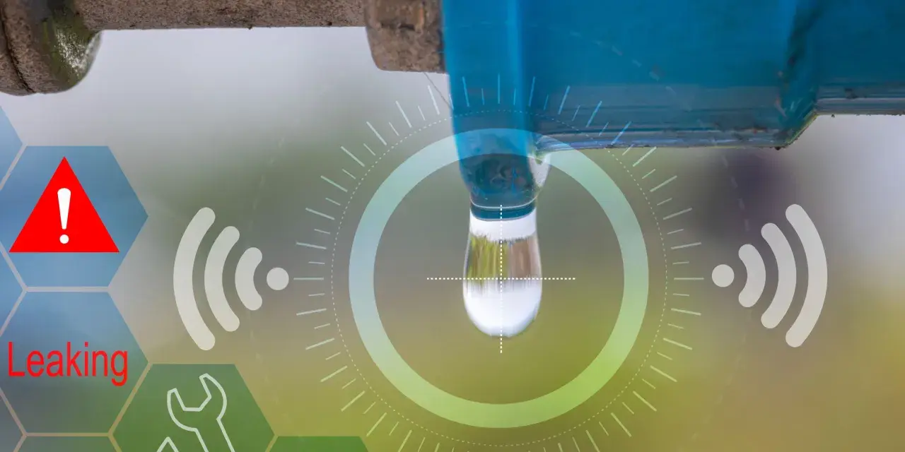 A water pipe is leaking, detected by no code IoT sensors. A warning icon and "Leaking" text are displayed.