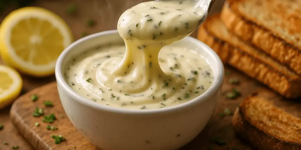 Une cuillère de sauce au comté crémeuse et fumante, parsemée d'herbes, est retirée d'un bol blanc. Des toasts grillés et des citrons sont en arrière-plan.