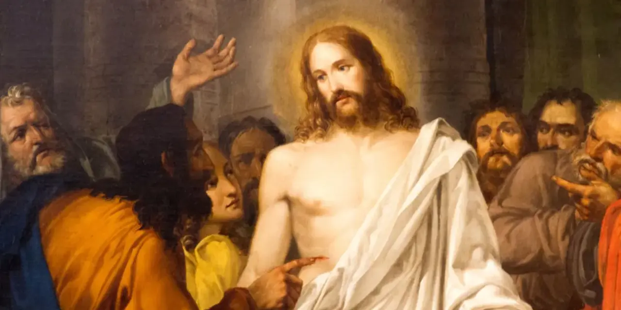 Ein Mann zeigt auf Jesus, der von einer Menge umgeben ist. Die Frage "warum Jesus von Nazareth" wird in diesem Moment der Anklage oder des Zweifels gestellt.