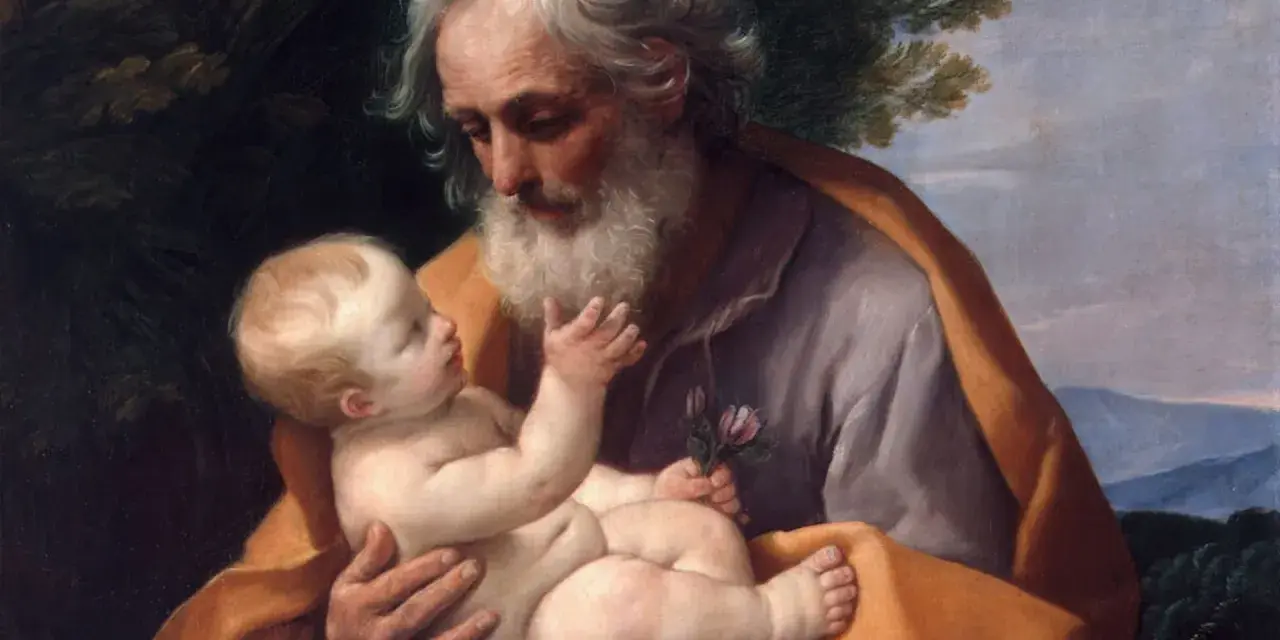 Święty Józef czule trzyma Dzieciątko Jezus, symbolizując opiekę i miłość. Obraz ten może inspirować do modlitwy do św. Józefa.