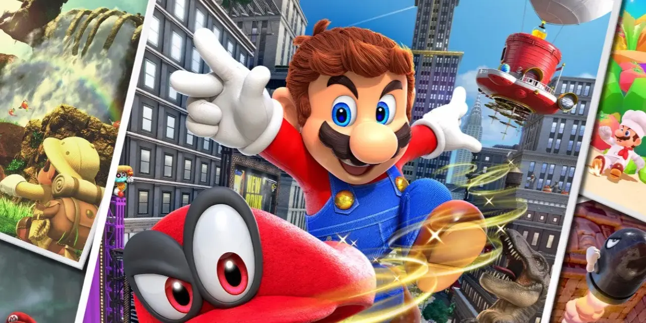 Mario salta en la ciudad, con su gorra Cappy y un dinosaurio. Un collage muestra escenas de Super Mario Odyssey, tu guía definitiva.
