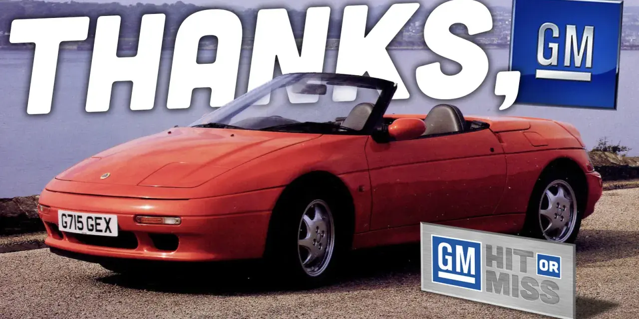 Red Lotus Elan M100 convertible sports car with "THANKS, GM" text and GM logos.