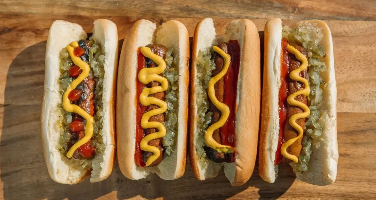 Cuatro hot dogs con mostaza, kétchup y cebolla picada sobre una tabla de madera.