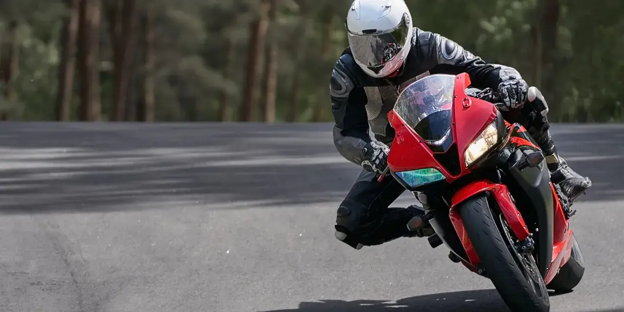 Motocyklista w białym kasku i czarnym kombinezonie pochyla się na czerwonym motocyklu podczas jazdy po drodze.