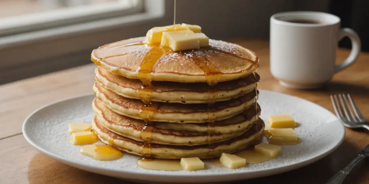 Pile de pancakes dorés arrosés de sirop et garnis de beurre, saupoudrés de sucre glace. Un délice pour le petit-déjeuner.