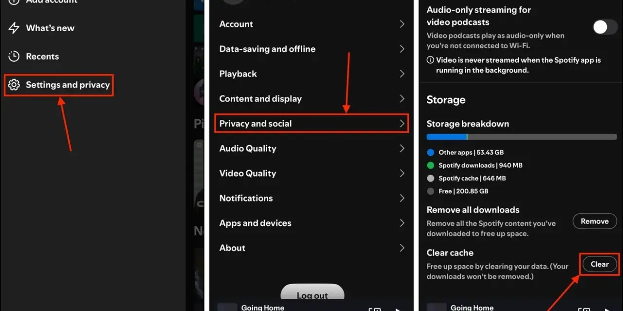 Steg-för-steg-guide för hur man tar bort en app från Spotify: Gå till Inställningar och integritet, sedan Integritet och socialt, och slutligen Rensa cache för att frigöra utrymme.