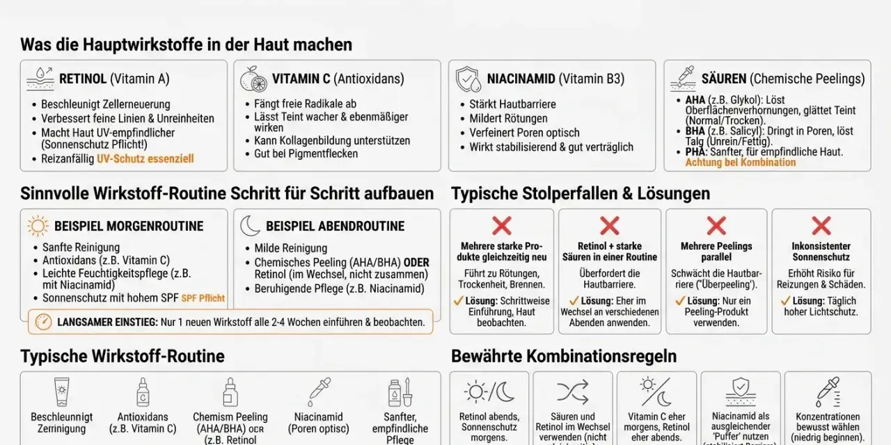 Infografik erklärt, wie man Retinol, Vitamin C und Niacinamid sicher kombiniert. Zeigt Vorteile und Anwendungsregeln für eine gesunde Haut.