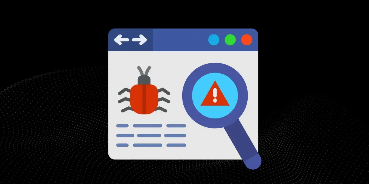 Grafika przedstawia okno przeglądarki z ikoną robaka i lupą wskazującą na ostrzeżenie. To wizualizacja problemu: malware co to jest i jak go wykryć.