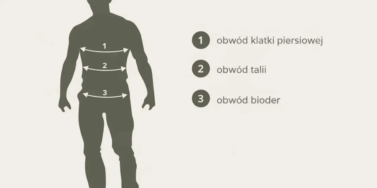 Sylwetka mężczyzny z zaznaczonymi obwodami: klatki piersiowej, talii i bioder.