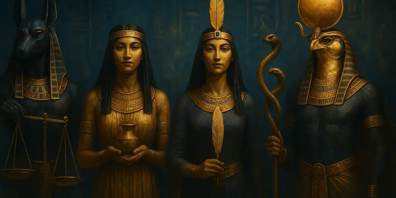 Postacie z mitologii egipskiej: Anubis z wagą, dwie kobiety, jedna z dzbanem, druga z piórem, oraz Horus z dyskiem słonecznym.