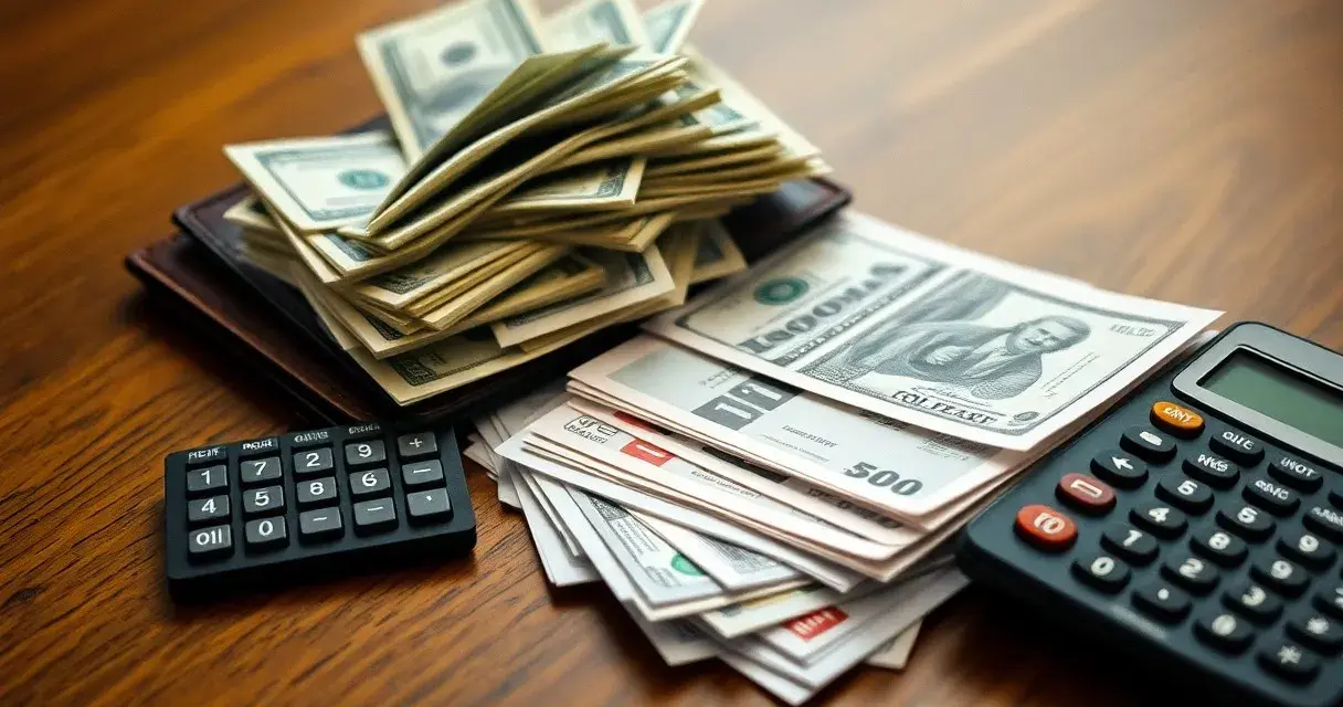 Stos banknotów i kalkulatory na drewnianym blacie. Zastanawiasz się, skąd wziąć pieniądze na długi? Czas na planowanie finansowe.