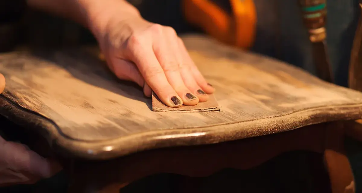 Main d'une personne ponçant un meuble en bois pour enlever la cire naturellement.