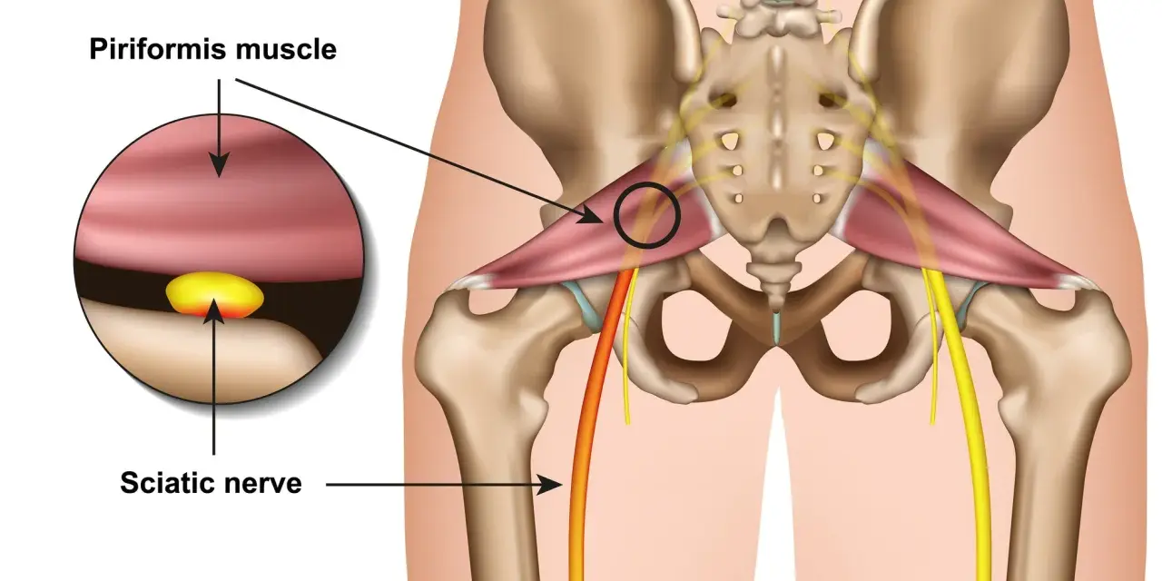Illustration zeigt das Piriformis-Syndrom: Der Piriformis-Muskel drückt auf den Ischiasnerv.