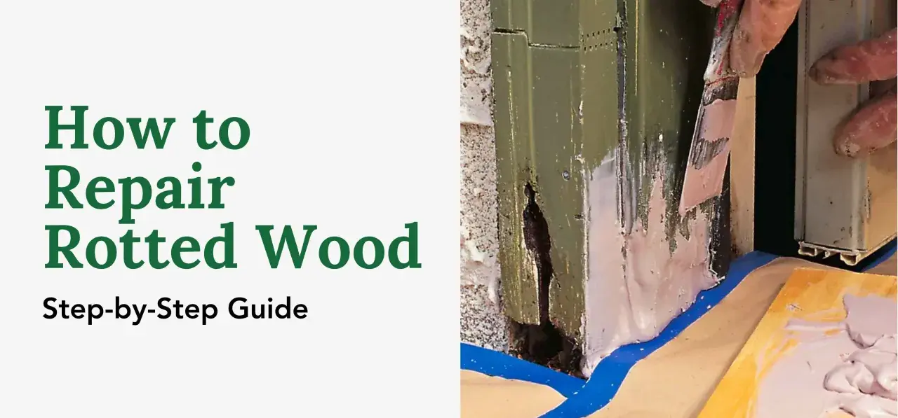A close-up shows a person applying wood filler to a damaged, green-painted corner, illustrating wood siding repair.