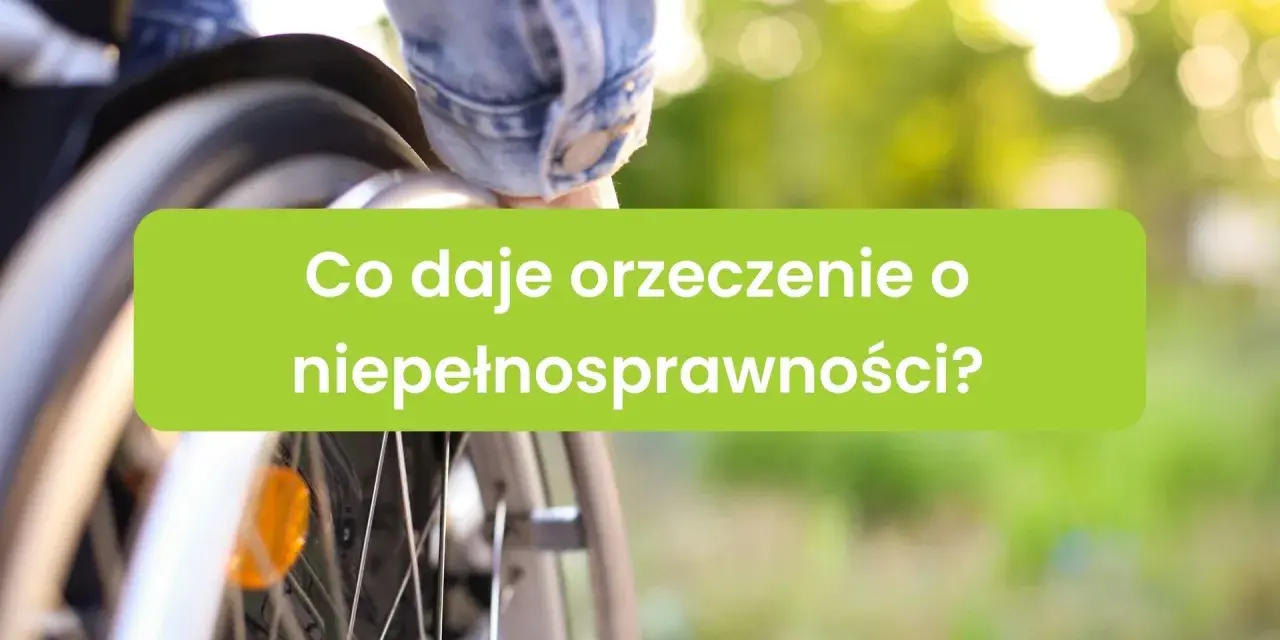 Osoba na wózku inwalidzkim, z zielonym banerem "Co daje orzeczenie o niepełnosprawności?". Dostępność i wsparcie dla grupy inwalidzkiej.