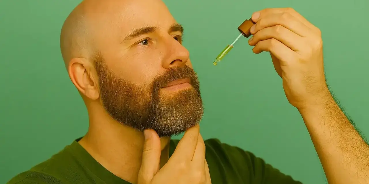 Hombre calvo con barba hipster, aplicando aceite con un gotero.