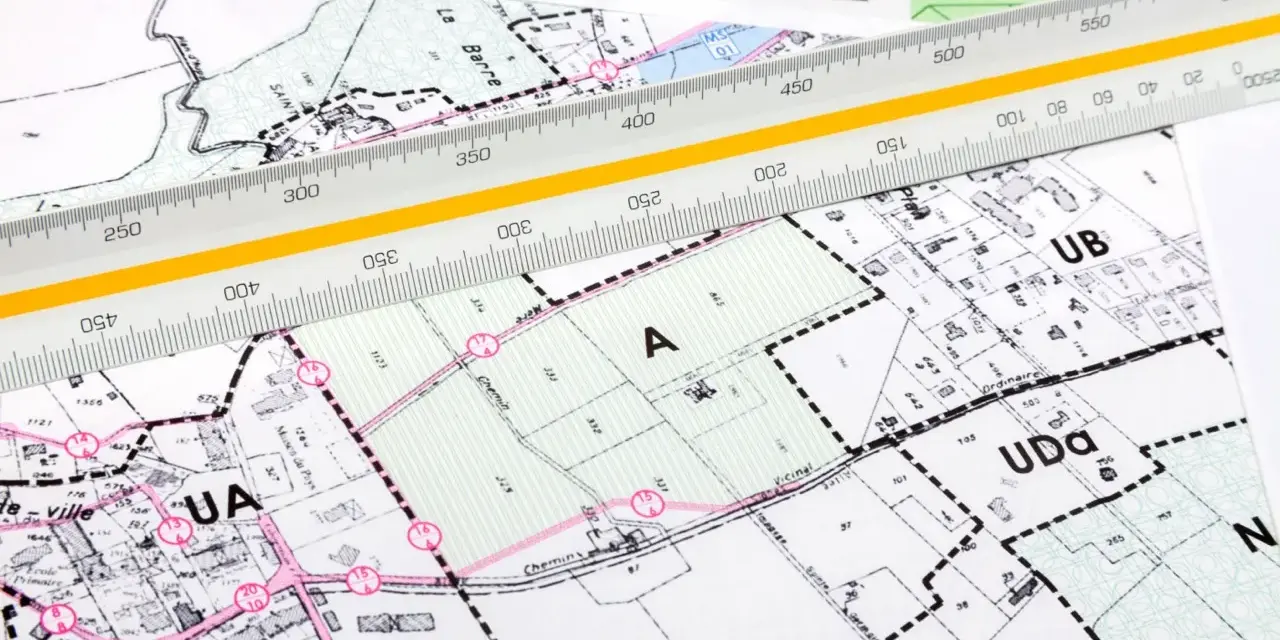 Plan zagospodarowania przestrzennego online: szczegółowe mapy z podziałem na działki i oznaczeniami stref, linijka geodezyjna do pomiarów.