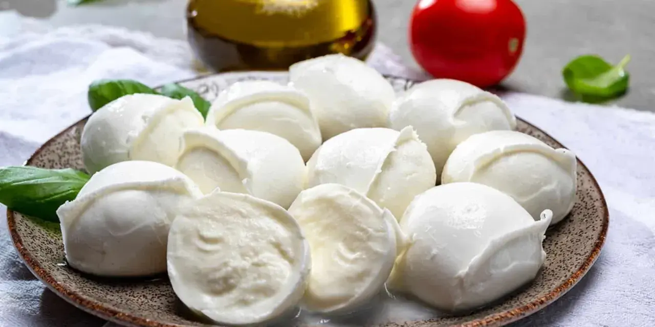 Frische Mozzarellakugeln auf einem Teller, garniert mit Basilikum. Perfekt für eine leichte Mahlzeit während der Schwangerschaft.
