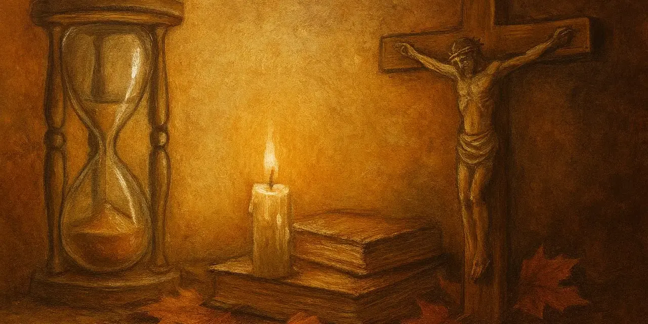 Klepsydra, płonąca świeca, księgi i krzyż symbolizują przemijanie. Jesienne liście podkreślają ulotność chwili.