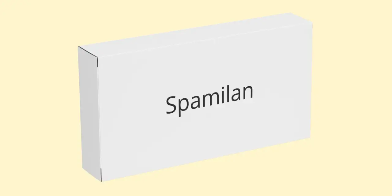 Białe pudełko z napisem Spamilan na jasnym tle.