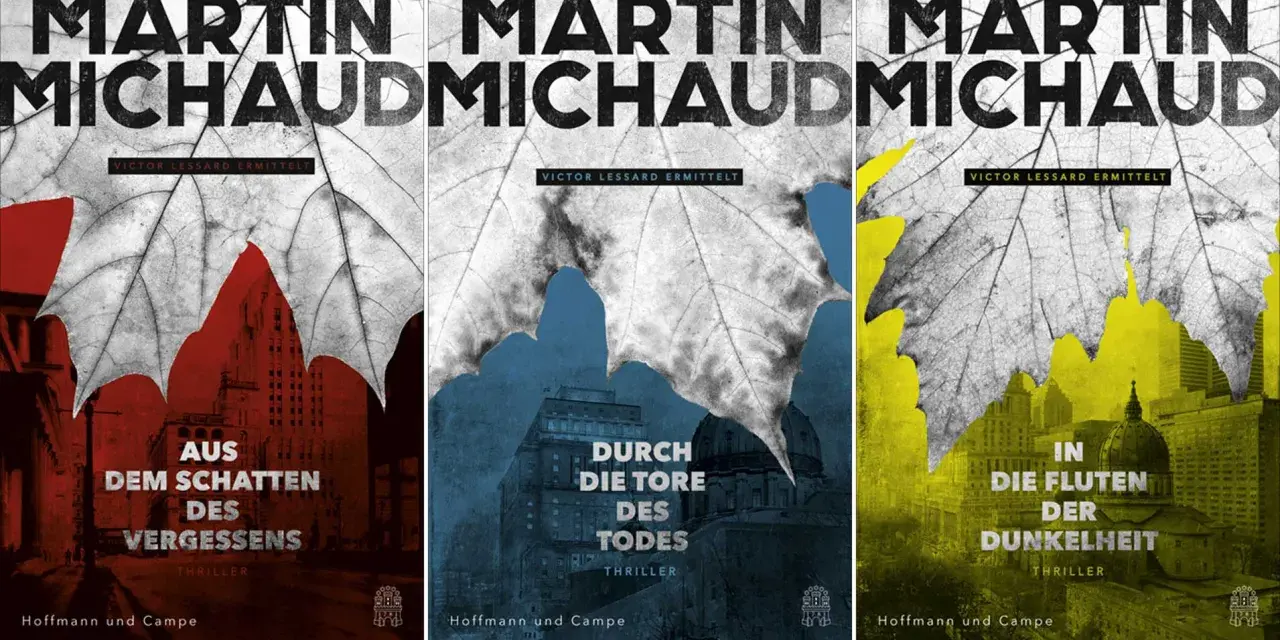 Drei Buchcover von Martin Michaud mit stilisierten Blättern und Stadtansichten in Rot, Blau und Gelb.