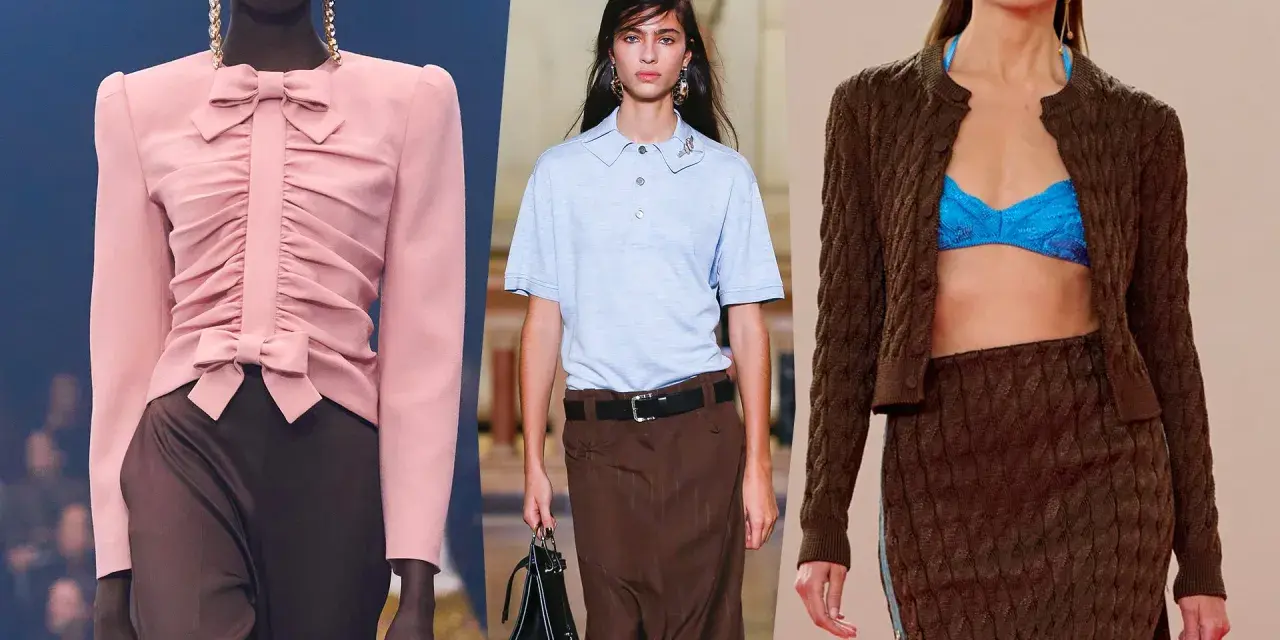 Modelli in passerella con abbinamento rosa e marrone: un top con fiocco e pantaloni, una polo con gonna, e un cardigan con gonna.