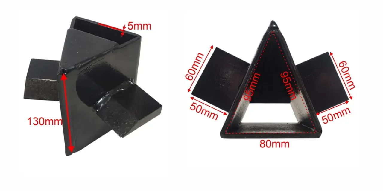 Czarny, metalowy klin do łuparki, z wymiarami 130mm, 95mm, 80mm, 60mm i 50mm.