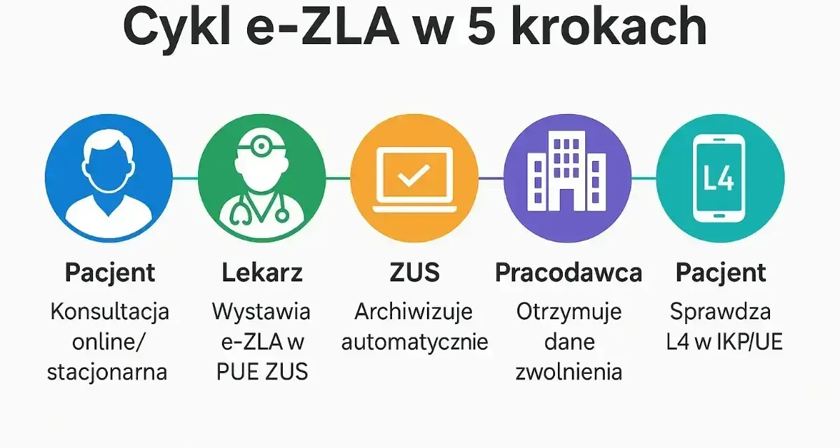 Schemat cyklu e-ZLA: Pacjent, Lekarz, ZUS, Pracodawca, Pacjent. Dowiedz się, jak sprawdzić czy jestem ubezpieczony i uzyskać L4.